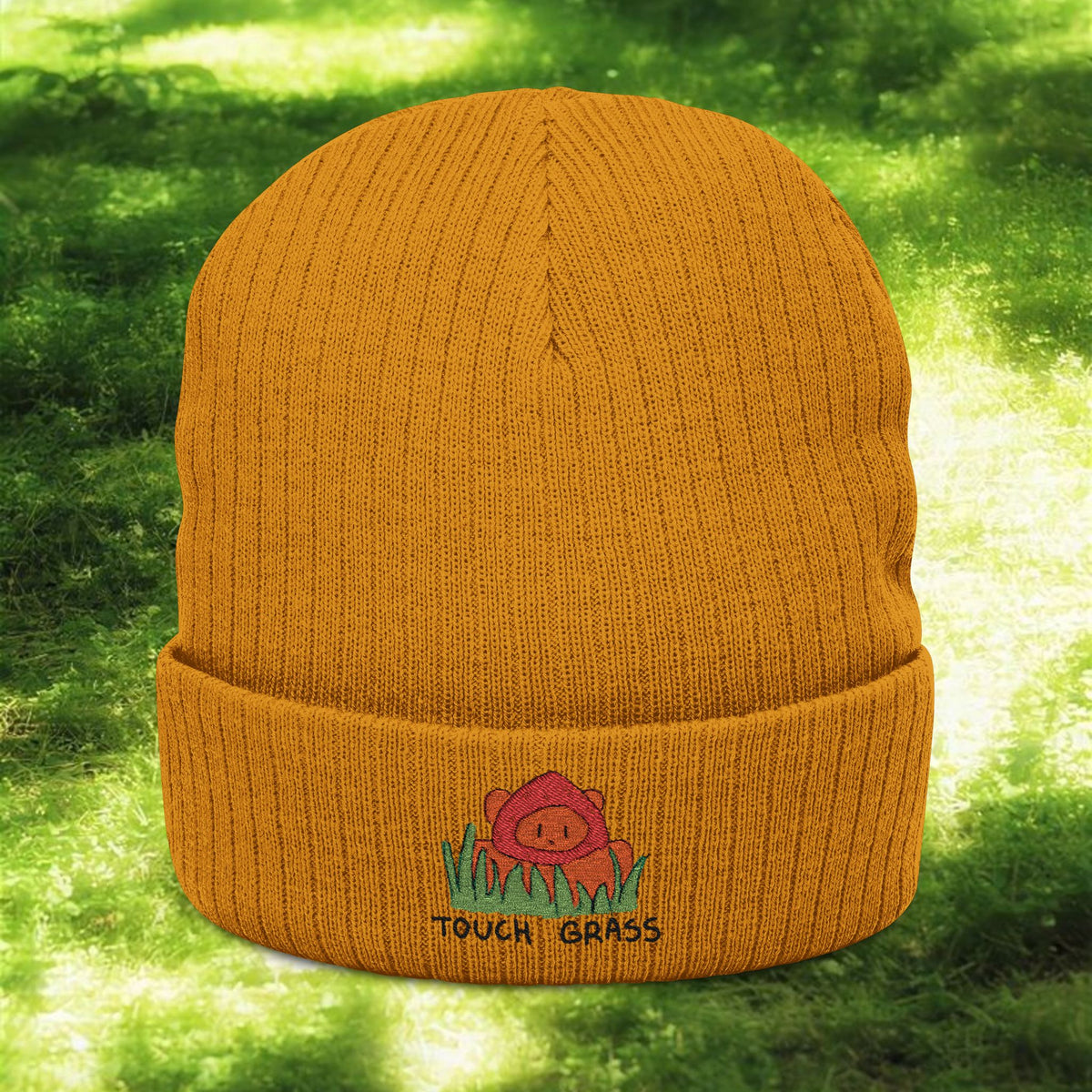 Touch Grass Floral Patch beanie | Ribbed Knit Embroidered Beanie