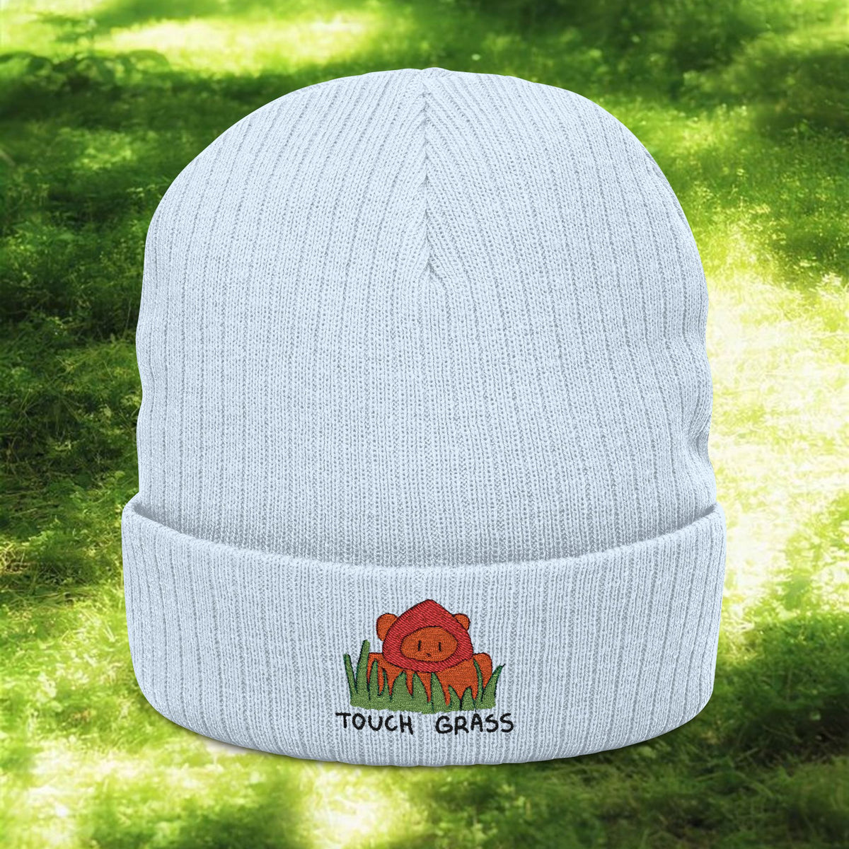 Touch Grass Floral Patch beanie | Ribbed Knit Embroidered Beanie