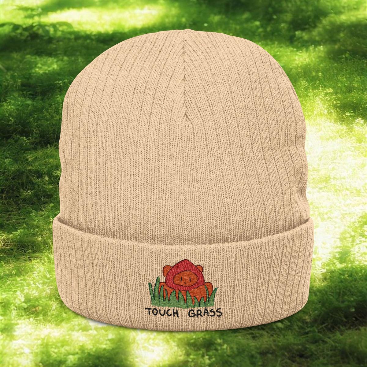 Touch Grass Floral Patch beanie | Ribbed Knit Embroidered Beanie